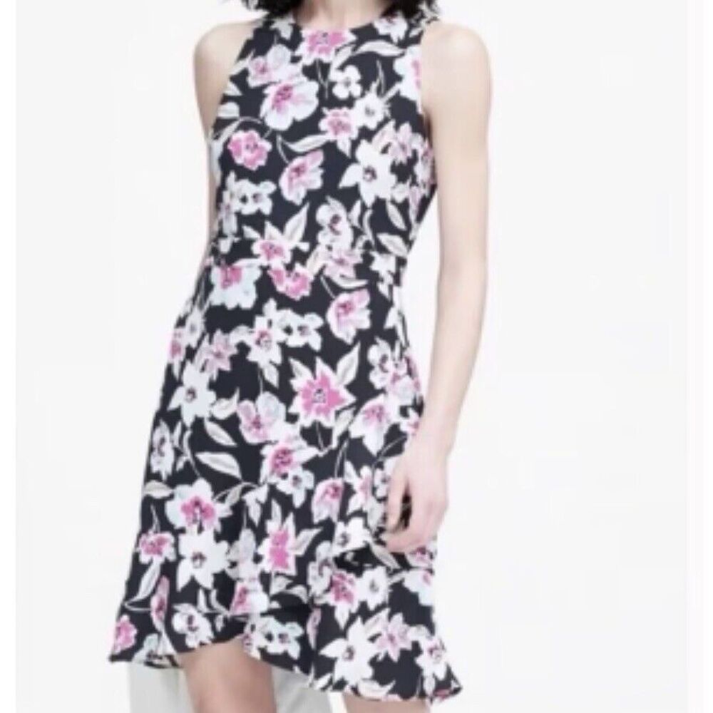 Banana Republic Ruffle Bottom Floral Dress Size 8 Navy Pink